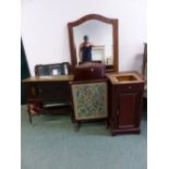 AN EDWARDIAN INLAID DRESSING TABLE, A FOLDING FIRE SCREEN, LARGE MIRROR, BEDSIDE CABINET, BOW