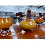 A RETRO GLASS HANGING CEILING LIGHT AND A PAIR OF SIMILAR TABLE LAMPS.