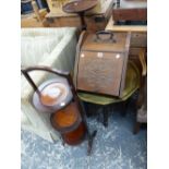 MAHOGANY TORCHERE, A COAL BOC, A BRASS TOPPED FOLDING TABLE, AND A CAKE STAND.