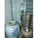 ART NOUVEAU STYLE TABLE LAMP, A MIDDLE EASTERN VASE, AND A CHINESE GINGER JAR.