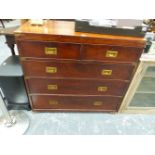 A MAHOGANY,AND LATER BRASS BOUND CAMPAIGN TYPE CHEST OF DRAWERS.