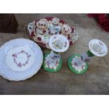 19TH C. PORCELAIN DESK STAND AF, CANDLE STICKS AND TWO SIDE PLATES.