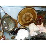FOUR LARGE SEA SHELLS, TWO ANTIQUE FACE SCREENS, A BARBOLA MIRROR, TRAYS ETC.