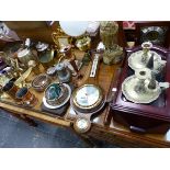 A GROUP OF ANTIQUE AND LATER COPPER, BRASS AND PLATED WARES, TOGETHER WITH TWO CLOCKS AND A