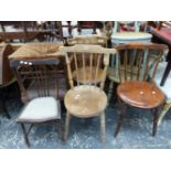 A QUANTITY OF ANTIQUE SIDE CHAIRS, A PAINTED KITCHEN ARMCHAIR ETC.