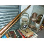 A COPPER MAST HEAD SHIPS LAMP, A MILITARY SIGNALMAN'S RAILWAY LAMP AND TWO COACHING HORNS.