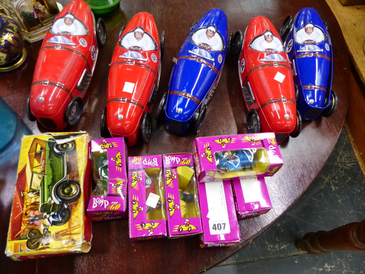 A GROUP OF BROOKE BOND BUMP AND GO TOY CARS ETC.