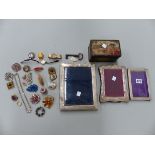 THREE HALLMARKED SILVER PHOTOGRAPH FRAMES, MISC. COSTUME JEWELLERY BROOCHES ETC.