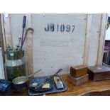 THREE WORK BOXES, A BRONZE SKILLET, A BRASS CHURN STICK STAND, ETC.