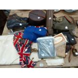 A GROUP OF VINTAGE MILITARY EQUIPMENT, ICE SKATES, BUNTING, MAPS,A STAMP ALBUM ETC.