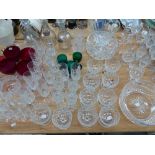 THREE 19TH C. DECANTERS, PART SUITE OF CUT GLASSWARE, COLOURED GLASSES, FRUIT BOWLS ETC.