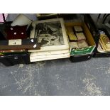 VARIOUS CANDLE HOLDERS, TIN TRAYS, SHOOTING ACCESSORIES, TWO SETS OF VINTAGE ICE SKATES,A LARGE