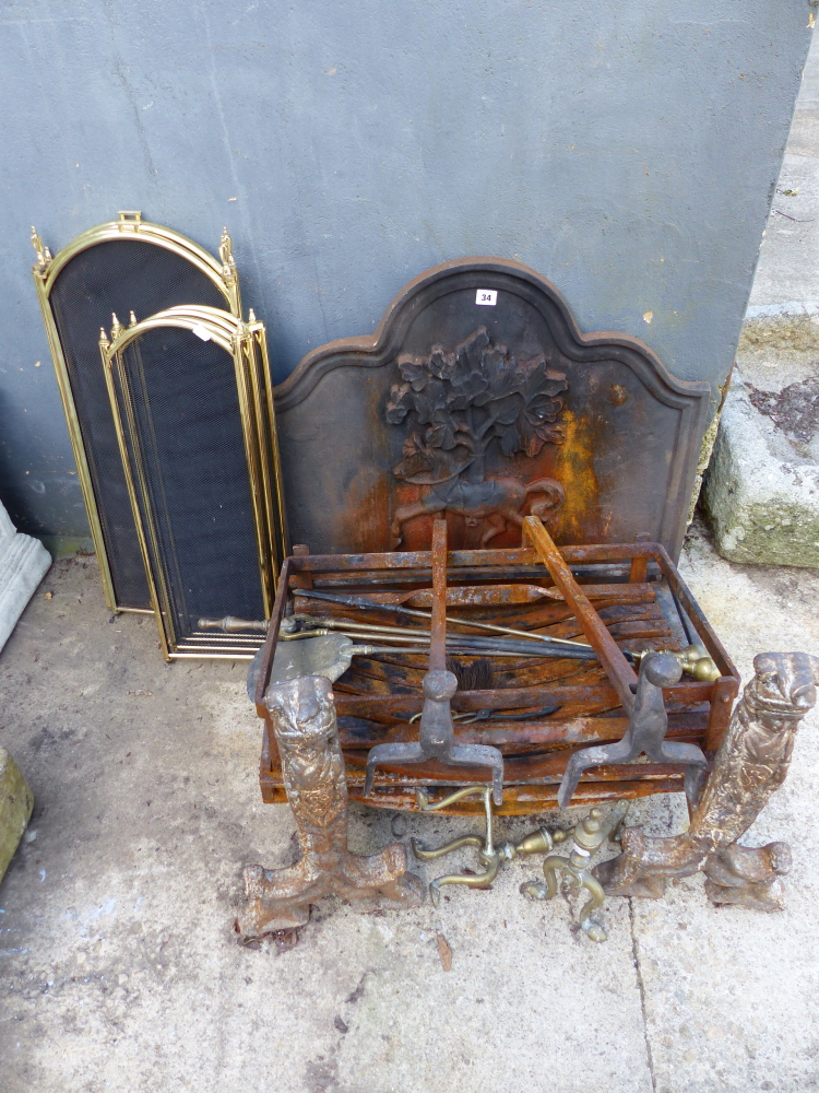TWO CAST IRON FIRE BASKETS, A FIRE BACK, DOGGS, IMPLEMENTS, SPARK GUARDS ETC.