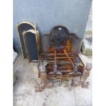 TWO CAST IRON FIRE BASKETS, A FIRE BACK, DOGGS, IMPLEMENTS, SPARK GUARDS ETC.