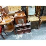 A VICTORIAN MAHOGANY TRIPOD TABLE, TWO STOOLS, A MIRROR, A WALL SHELF, BEDSIDE CABINET, AN AN ART