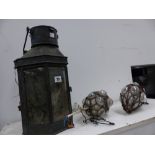 A COPPER CARRIAGE LANTERN AND TWO CEILING LIGHTS.