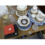 A WEDGEWOOD TEA AND DINNER SET, FOUR GLASS DECANTERS, OTHER CHINA WARES, CUTLERY, ETC.