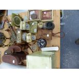 TWO PAIRS OF BINOCULARS, VARIOUS CLOCKS, DESK ORNAMENTS, CANDLESTICKS ETC.