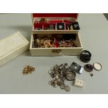 TWO JEWELLERY CASES CONTAINING GOLD, SILVER AND COSTUME JEWELLERY, A VINTAGE ORIS WATCH HEAD ETC.