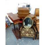 A DRESSING TABLE, TWO MIRRORS, A SEWING MACHINE, A SMALL ARMCHAIR, AND A STOOL.