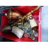 A COLLECTION OF ANTIQUE HORSE BRASSES, VARIOUS COPPER WARES ETC.