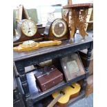 TWO MANTLE CLOCKS, A COAL BOX, AND ACOUSTIC GUITAR, STANDS ETC.