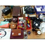 A VINTAGE TELEPHONE, GAS MASK, WEDGEWOOD BOXED CHINA WARES, DIE CAST TOYS, TWO CAMERAS, BOOKS,