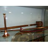 A FOLDING SHOOTING STICK, AND TWO COPPER HORNS.