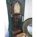 A REPRODUCTION LONG CASE CLOCK COMPLETE WITH WEIGHTS, PENDULUM ETC.