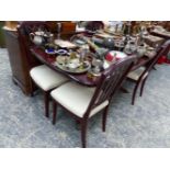 A REPRODUCTION DINING TABLE, SIX CHAIRS, A SIMILAR SIDE BOARD, AND A GLAZED DISPLAY CORNER CABINET.