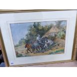 A WATERCOLOUR, FARMER ON HORSEBACK SIGNED INDISTINCTLY.