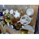 TWO CUT GLASS DECANTERS, A ROYAL ALBERT OLD COUNTRY ROSE TEA SET, CHARACTER JUGS ETC.