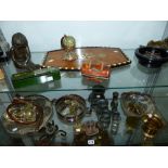 A WOODBINE DOMINOS SET, AN EASTERN INLAID TRAY, ORNAMENTS, PLATED WARE ETC. (2 SHELVES)