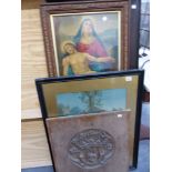 THREE RELIGIOUS COLOURED PRINTS AND A CARVED OAK PANEL.