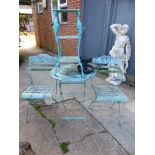 A PAINTED PATIO TABLE AND CHAIRS TOGETHER WITH A JARDINIERE STAND AND A BOOT SCRAPER.