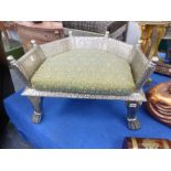 A PAIR OF MOORISH STYLE METAL COVERED LOW STOOLS WITH SQUAB CUSHION SEATS.