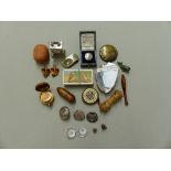 THREE SILVER PLATED LIVERY BUTTONS, A BRASS SOVEREIGN CASE, ETC.