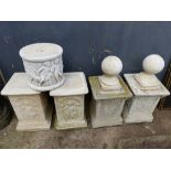 TWO PAIRS OF DECORATIVE CONCRETE PLINTHS, A PAIR OF TOPPERS ETC.