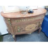 A MARBLE TOPPED FRENCH STYLE BOW FRONT THREE DRAWER CHEST.