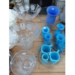 A PAIR OF CUTGLASS LARGE BONBON DISHES, VICTORIAN BLUE GLASS JUGS AND VASES, ETC.