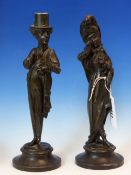 A PAIR OF LATE 19th C. FRENCH SPELTER FASHIONABLE FIGURE CANDLESTICKS, INDISTINCTLY SIGNED, HE