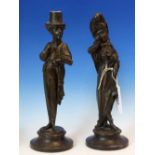 A PAIR OF LATE 19th C. FRENCH SPELTER FASHIONABLE FIGURE CANDLESTICKS, INDISTINCTLY SIGNED, HE