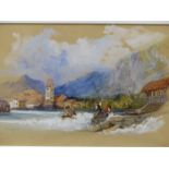 19th.C. ENGLISH SCHOOL. THREE CONTINENTAL RIVER AND LAKE VIEWS. ALL INSCRIBED, WATERCOLOURS. LARGEST