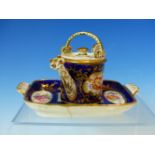 A GRAINGERS WORCESTER MINIATURE WATERING CAN AND COVER, A MINIATURE TWO HANDLED RECTANGULAR DISH