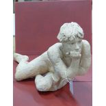 A TERRACOTTA SCULPTURE OF A NUDE LADY, HER ELBOWS ONCE RAISED UP TO LEAN ON A LEDGE. W 63cms.