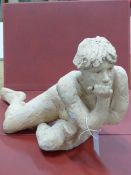 A TERRACOTTA SCULPTURE OF A NUDE LADY, HER ELBOWS ONCE RAISED UP TO LEAN ON A LEDGE. W 63cms.