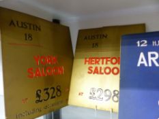 FOUR ORIGINAL AUSTIN MOTORS SHOWROOM PRICE CARDS, AUSTIN 12 NEW ASCOT SALOON, 18 HERFORD SALOON, 12