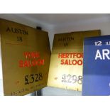 FOUR ORIGINAL AUSTIN MOTORS SHOWROOM PRICE CARDS, AUSTIN 12 NEW ASCOT SALOON, 18 HERFORD SALOON, 12