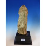 A TANAGRA TERRACOTTA FIGURE OF A HEADLESS LADY, HER BODY CLASSICALLY DRAPED. H 26cms. WITH A WOOD