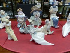 FIVE LLADRO CLOWNS TOGETHER WITH FOUR OTHERS VARIOUSLY POSED, THE TALLEST AND THE WIDEST. 36cms.